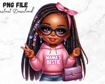 May include: Digital illustration of a young girl with dark skin, wearing a pink hoodie with "MAMA'S BESTIE" text, black glitter glasses, and a pink bow. She holds a purple purse and makes a peace sign.