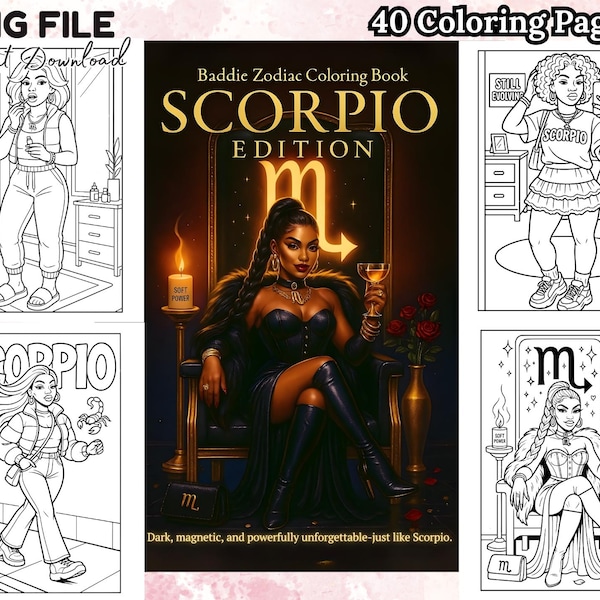 Scorpio Zodiac Coloring Book for Black Girls Teens and Adults Digital Astrology Baddie Art Printable Pages Gift for Scorpio Season