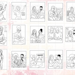 May include: A collection of black and white illustrations depicting various scenes of prayer and faith. The images feature individuals and families in moments of worship, with hands raised, reading, and in quiet contemplation. The artwork is simple and outlines the figures.