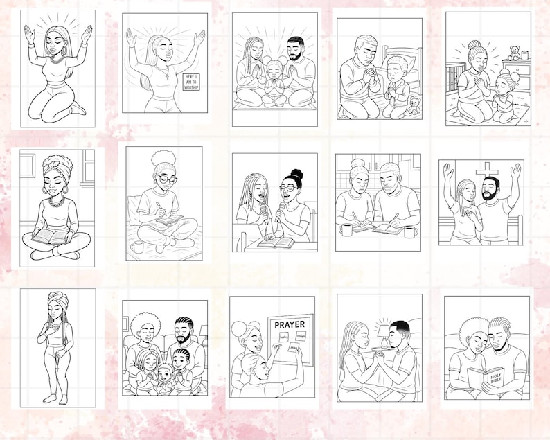 May include: A collection of black and white illustrations depicting various scenes of prayer and faith. The images feature individuals and families in moments of worship, with hands raised, reading, and in quiet contemplation. The artwork is simple and outlines the figures.