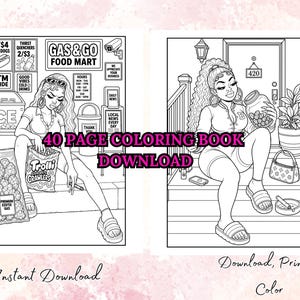 May include: A black and white coloring book download featuring two illustrations of women. One illustration shows a woman at a gas station, and the other shows a woman on a porch. Text includes "40 PAGE COLORING BOOK DOWNLOAD".