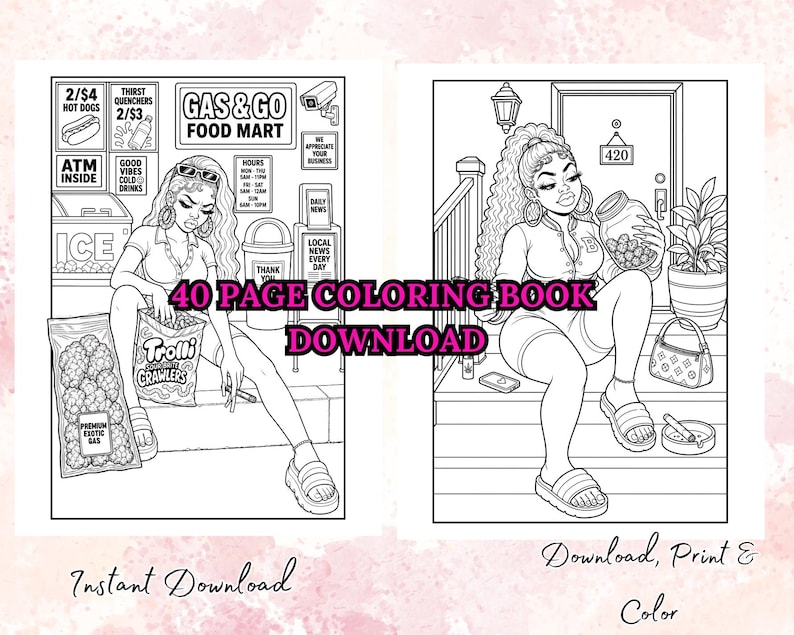 May include: A black and white coloring book download featuring two illustrations of women. One illustration shows a woman at a gas station, and the other shows a woman on a porch. Text includes "40 PAGE COLORING BOOK DOWNLOAD".