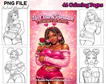 Livre de coloriage Saint-Valentin pour femmes noires 44 pages de portraits de méchants téléchargement numérique instantané Art pour couple et amour de soi PNG imprimable Galentines