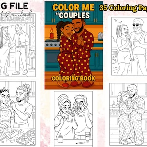 Puede incluir: Un libro para colorear titulado "COLOR ME COUPLES" con 35 p&aacute;ginas para colorear. La portada presenta una pareja con pijamas de lunares a juego. Otras p&aacute;ginas muestran parejas en varios escenarios, todo en arte lineal en blanco y negro, listo para colorear.