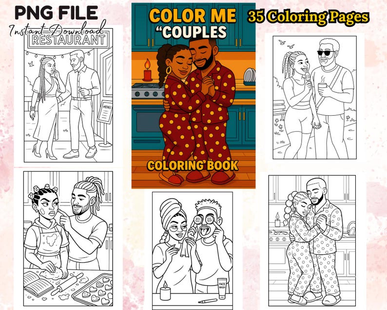 Puede incluir: Un libro para colorear titulado "COLOR ME COUPLES" con 35 p&aacute;ginas para colorear. La portada presenta una pareja con pijamas de lunares a juego. Otras p&aacute;ginas muestran parejas en varios escenarios, todo en arte lineal en blanco y negro, listo para colorear.