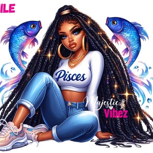Zodiaque Poissons fille Clip art Poissons poisson PNG Poissons zodiaque urbain hip hop PNG Fashion girl Clipart Fille afro-américaine magie mélanine