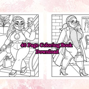 Puede incluir: Ilustraciones en blanco y negro de un libro para colorear con temas de moda. Una imagen muestra a una persona haci&eacute;ndose un selfie, y la otra a una persona caminando por la calle. El texto "40 Page Coloring Book Download" est&aacute; superpuesto.