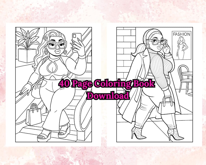 Puede incluir: Ilustraciones en blanco y negro de un libro para colorear con temas de moda. Una imagen muestra a una persona haci&eacute;ndose un selfie, y la otra a una persona caminando por la calle. El texto "40 Page Coloring Book Download" est&aacute; superpuesto.