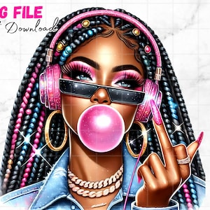 Clipe de dedo médio de menina negra Clipe de tranças de chiclete de menina negra Afro Black Girl PNG Afro Queen Fashion Girl Melanina Magic Sublimation