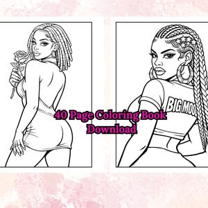 Peut inclure: Dessin au trait en noir et blanc de deux femmes d'un livre de coloriage. L'une tient une rose, l'autre porte un t-shirt avec l'inscription "BIG MOOD". Le texte "40 Page Coloring Book Download" est &eacute;galement pr&eacute;sent.