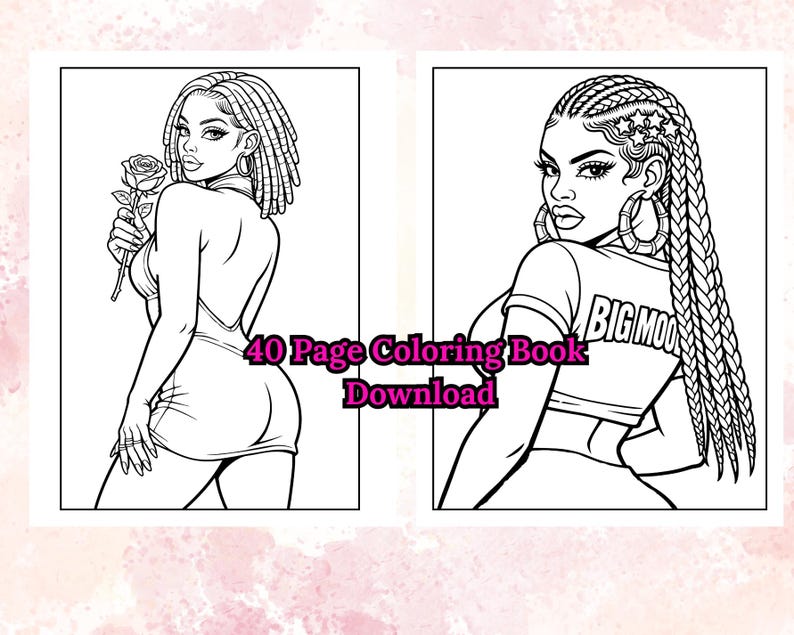 Peut inclure: Dessin au trait en noir et blanc de deux femmes d'un livre de coloriage. L'une tient une rose, l'autre porte un t-shirt avec l'inscription "BIG MOOD". Le texte "40 Page Coloring Book Download" est &eacute;galement pr&eacute;sent.