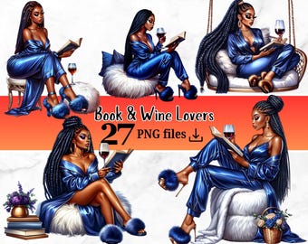 27 Black Girl Reading Clipart Cozy Black Girl Book Lover Wine Lovers Self Love Clipart Book Worm Afro American Planner Stickers Sublimation
