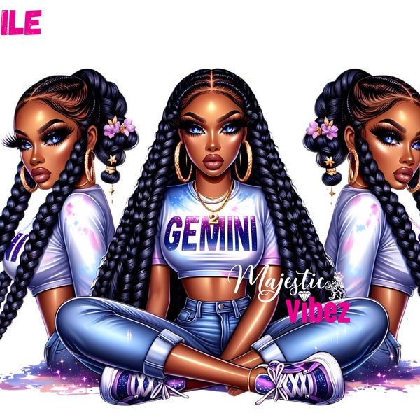 Gemini Girl Clip art Gemini Zodiac PNG Gemini Astrology Urban hip hop PNG Fashion girl Clipart Gemini Zodiac girl Melanin Magic