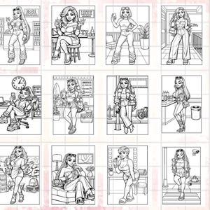 May include: A collection of black and white line art illustrations of women in various settings. Each illustration depicts a woman in fashionable attire, holding items like drinks or phones. Some images include text such as "EDGE CONTROL" and "LUXE LOUNGE".