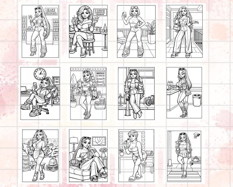 May include: A collection of black and white line art illustrations of women in various settings. Each illustration depicts a woman in fashionable attire, holding items like drinks or phones. Some images include text such as "EDGE CONTROL" and "LUXE LOUNGE".