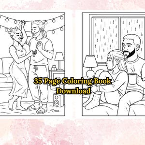 Puede incluir: Dibujo lineal en blanco y negro de un libro para colorear con dos escenas. Una escena muestra a una pareja bailando, y la otra a una pareja sentada junto a una ventana. El texto "35 Page Coloring Book Download" est&aacute; en el centro.