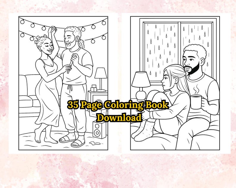 Puede incluir: Dibujo lineal en blanco y negro de un libro para colorear con dos escenas. Una escena muestra a una pareja bailando, y la otra a una pareja sentada junto a una ventana. El texto "35 Page Coloring Book Download" est&aacute; en el centro.