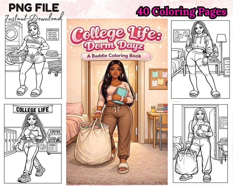 40 College Life Coloring Book Pages for Black Girls Baddie Dorm PNG ...