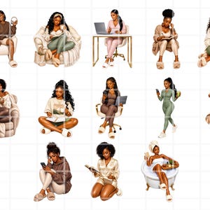 K&ouml;nnte beinhalten: Digitale Illustrationen von schwarzen Frauen in verschiedenen Entspannungs- und Arbeitsposen. Die Bilder zeigen Frauen, die Laptops benutzen, B&uuml;cher lesen und Freizeitaktivit&auml;ten genie&szlig;en. Die Frauen sind in Freizeitkleidung wie Loungewear und Pyjamas vor einem wei&szlig;en Hintergrund gekleidet.