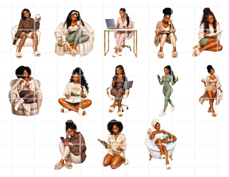 K&ouml;nnte beinhalten: Digitale Illustrationen von schwarzen Frauen in verschiedenen Entspannungs- und Arbeitsposen. Die Bilder zeigen Frauen, die Laptops benutzen, B&uuml;cher lesen und Freizeitaktivit&auml;ten genie&szlig;en. Die Frauen sind in Freizeitkleidung wie Loungewear und Pyjamas vor einem wei&szlig;en Hintergrund gekleidet.