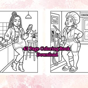 K&ouml;nnte beinhalten: Eine schwarz-wei&szlig;e Ausmalbuch-Doppelseite mit zwei Illustrationen von Frauen. Eine ist in einer K&uuml;che mit einem Telefon, die andere an einer Tankstelle mit einer Pumpe. Der Text "43 Page Coloring Book Download" ist enthalten.