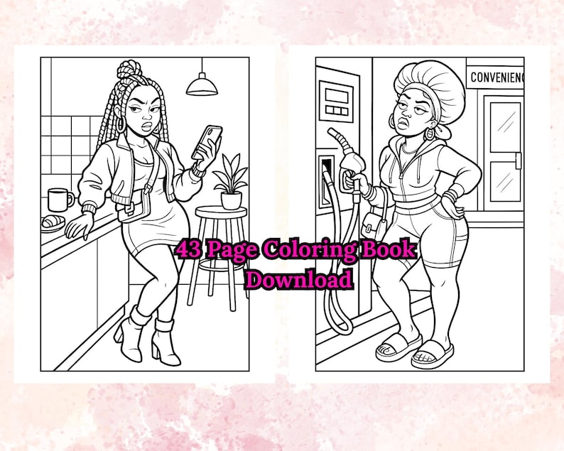 K&ouml;nnte beinhalten: Eine schwarz-wei&szlig;e Ausmalbuch-Doppelseite mit zwei Illustrationen von Frauen. Eine ist in einer K&uuml;che mit einem Telefon, die andere an einer Tankstelle mit einer Pumpe. Der Text "43 Page Coloring Book Download" ist enthalten.