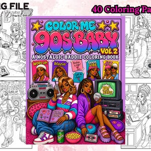 May include: A digital download colouring book titled "Color Me 90s Baby Vol. 2." The cover features a vibrant illustration with the text "Color Me 90s Baby" in pink and blue. The book includes 40 colouring pages with 90s-themed illustrations.