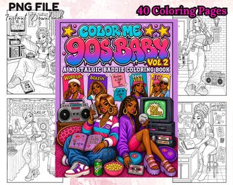 Black Girl jaren 90 kleurboek PNG 40 nostalgische retro kleurplaten voor volwassenen jaren 90 baby digitale download
