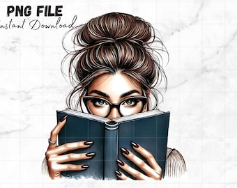 Chica leyendo un libro Png Mujer leyendo Amante de los libros Mujeres Gusano de biblioteca Clipart Lector de moño desordenado Sublimación Descarga digital