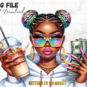 Chica negra con dinero PNG Chica negra drogadicta Clipart Mujer con café helado Latte Clip art Obtener citas de dinero Inspiración de dinero Sublimación