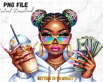 Black girl with money PNG Black dope girl Clipart Woman with Iced coffee Latte Clip art Getting money quotes Money inspiration Sublimation