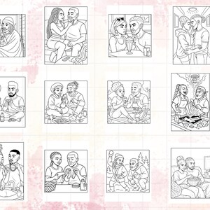 Puede incluir: Una colecci&oacute;n de ilustraciones en blanco y negro que representan diversas escenas de parejas. Las im&aacute;genes muestran a parejas participando en actividades como comer, jugar y disfrutar de la compa&ntilde;&iacute;a mutua. Las ilustraciones son detalladas y presentan personajes diversos.