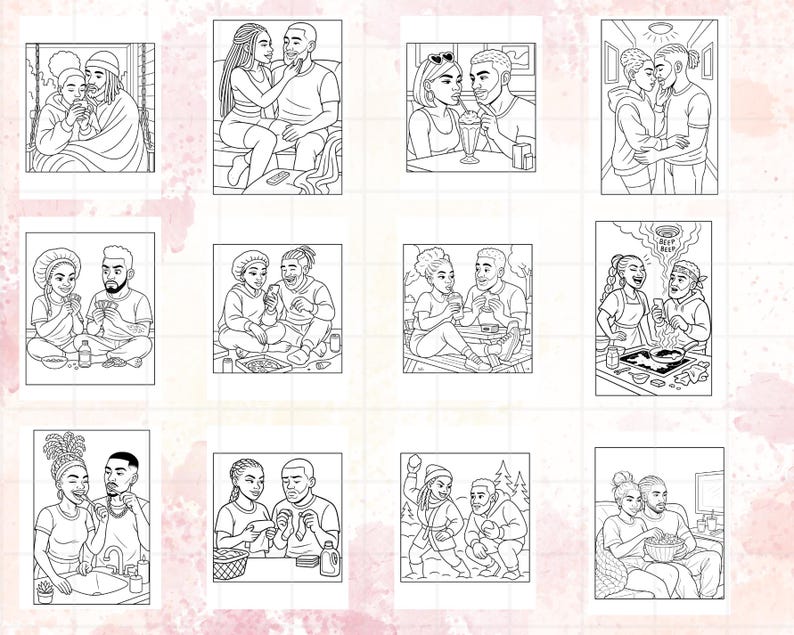 Puede incluir: Una colecci&oacute;n de ilustraciones en blanco y negro que representan diversas escenas de parejas. Las im&aacute;genes muestran a parejas participando en actividades como comer, jugar y disfrutar de la compa&ntilde;&iacute;a mutua. Las ilustraciones son detalladas y presentan personajes diversos.