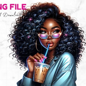 Bella ragazza nera tazza di caffè PNG Donne nere Clipart Vestito rosa Afro Queen Melanin Magic Afroamericano Ragazza nera Clipart Trecce