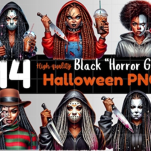 Könnte beinhalten: Digitalkunst mit 14 "Black Horror Girl" Halloween-PNGs. Die Bilder zeigen Frauen, die als Horrorfilmfiguren gestylt sind und Waffen und Getränke halten. Der Text "High quality Black "Horror Girl" Halloween PNGs" ist zu sehen.
