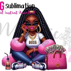 Clipart ragazza nera, signora capo con soldi, indossa abito rosa, PNG hip hop urbano, Clipart ragazza moda, ragazza afro-americana, Melanin Magic
