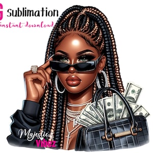 Ragazza nera con soldi PNG Hustle clipart duro Hustler Ragazza borsa di contanti Afro Regina Melanina Magia afro-americana Ragazza nera Clipart Trecce