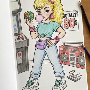42 Color Me 80s Baby Coloring Book Nostálgico Retro Black Girl Coloring Pages Digital 80s Fashion Imprimible Divertido Colorear de los 80 Descargar imagen 2