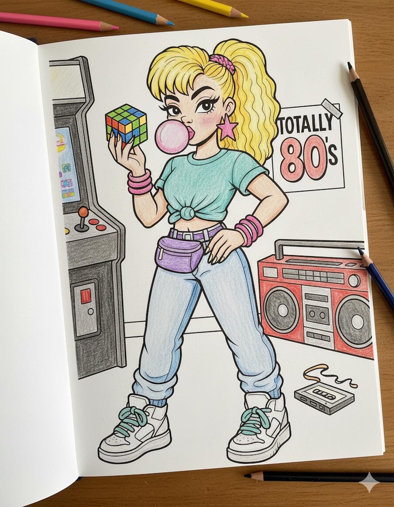 42 Color Me 80s Baby Coloring Book Nostálgico Retro Black Girl Coloring Pages Digital 80s Fashion Imprimible Divertido Colorear de los 80 Descargar imagen 2