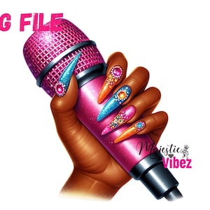 Micrófono rosa Clip art Micrófono rosa Mano femenina con micrófono Png Cantante Rapero Un orador Artista Sublimación Lindas uñas Manicura