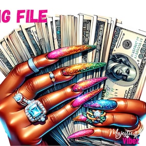Mano femminile nera che tiene soldi PNG Pila di soldi Clip art Ottenere citazioni di soldi Ispirazione dei soldi Sublimazione Unghie carine Manicure Soldi