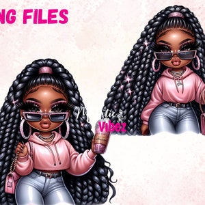 Ragazza Chibi nera Clipart Baddie Png Indossa una tazza di caffè Clipart hip hop urbano rosa Ragazze afroamericane Download immediato
