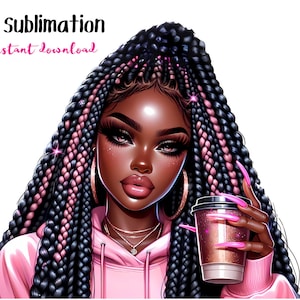 Linda garota negra xícara de café PNG Mulheres negras Clipart Rosa Roupa Afro Rainha Melanina Magia Afro-americana Menina negra Clipart Tranças