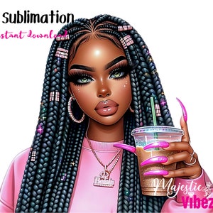 Hermosa chica negra taza de café PNG Mujeres negras Clipart Traje rosa Afro Reina Melanin Magia Afroamericana Chica negra Clipart Trenzas