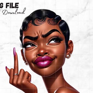 Puede incluir: Ilustración digital de una mujer negra con cabello negro corto y ondulado, cejas oscuras y largas pestañas. Lleva pendientes y un anillo. Sus labios son de un magenta intenso y está mostrando el dedo medio. El texto en la parte superior dice "PNG FILE Instant Download."