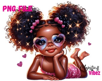 May include: Illustration of a young girl with dark skin, wearing heart-shaped sunglasses and a pink dress. Her curly hair is styled in two puffs, adorned with pink heart-shaped accessories. The image has a sparkling effect.