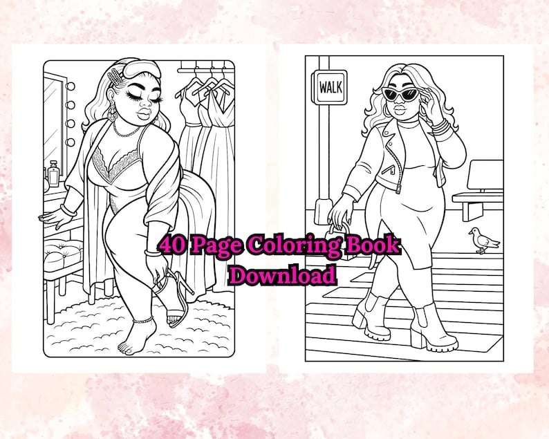 Puede incluir: Ilustraci&oacute;n en blanco y negro de una descarga de libro para colorear de 40 p&aacute;ginas. El libro presenta dos im&aacute;genes de una mujer. Una imagen muestra a la mujer en un tocador y la otra caminando por un paso de cebra.