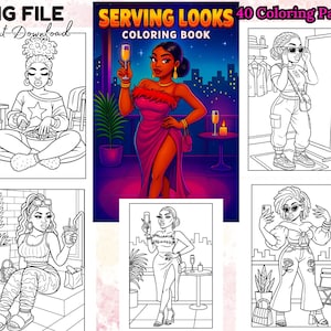 41 Serving Looks Coloring Pages PNG Bundle Black Woman Fashion Digital Book for Adults and Teens Urban Beauty Line Art Set