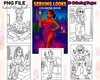 41 Serving Looks Coloring Pages PNG Bundle Black Woman Fashion Digital Book for Adults and Teens Urban Beauty Line Art Set