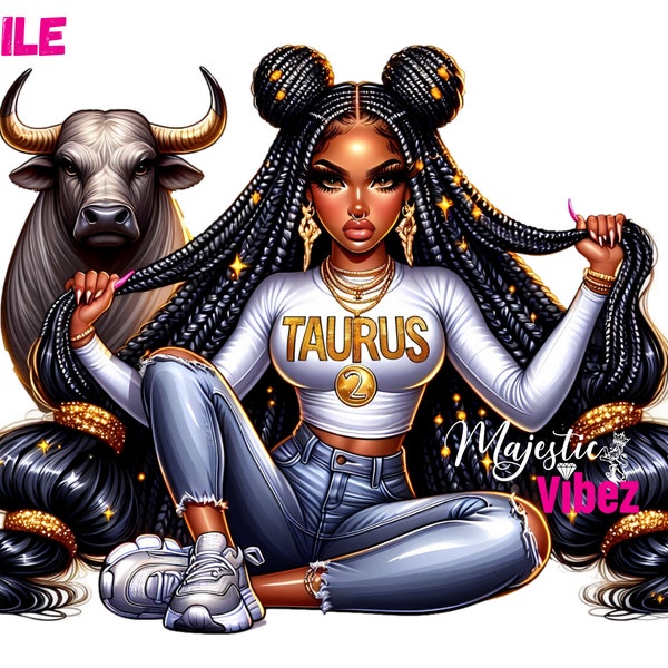 Taurus Girl PNG Black Taurus girl clipart Taurus Astrology Png Birthday Queen png Urban clipart Afro American Sublimation